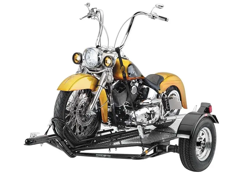 Motorcycle secured on small trailer